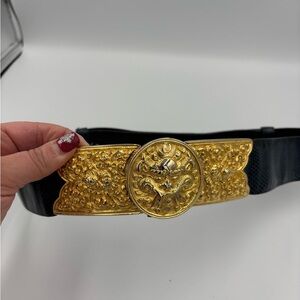 Judith Leiber Gold Belt Buckle Buckle with a Navy Snakeskin Belt